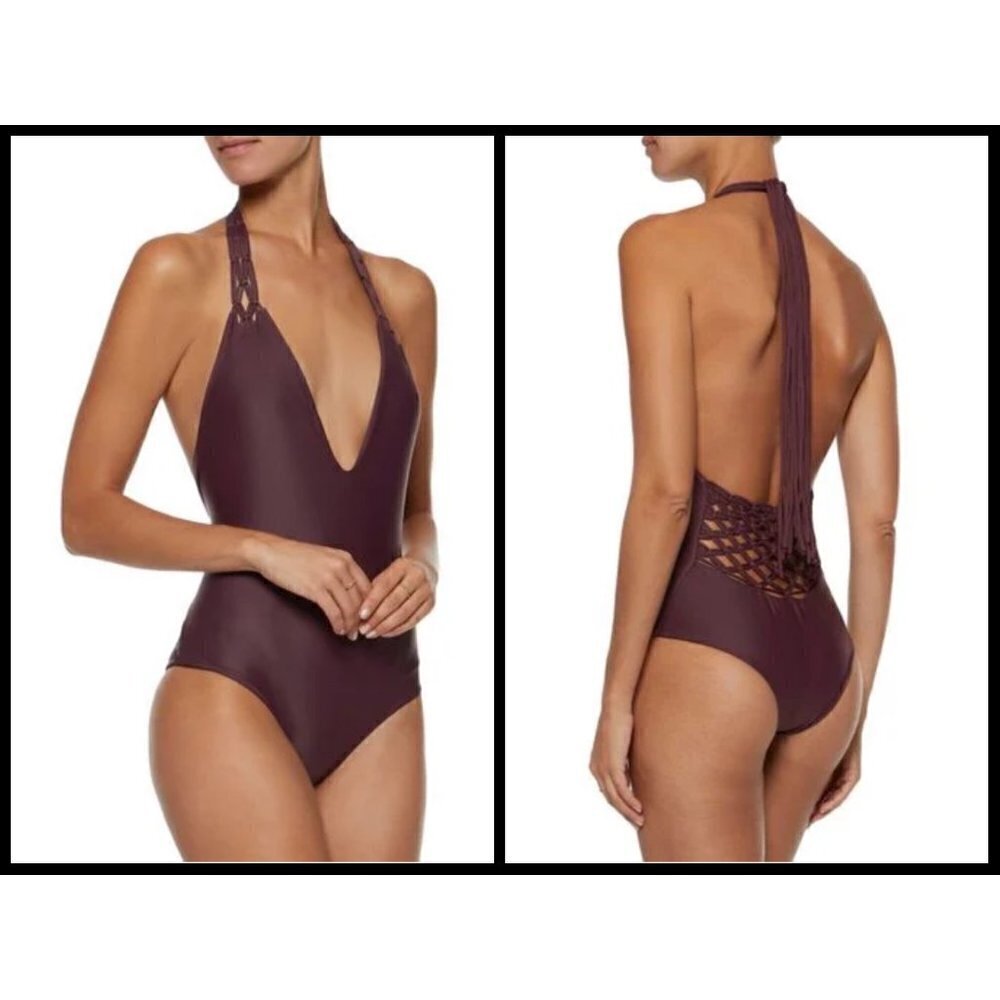💕MIKOH💕 Topanga Macrame Halter One Piece Swimsuit Burgundy Small S NWT